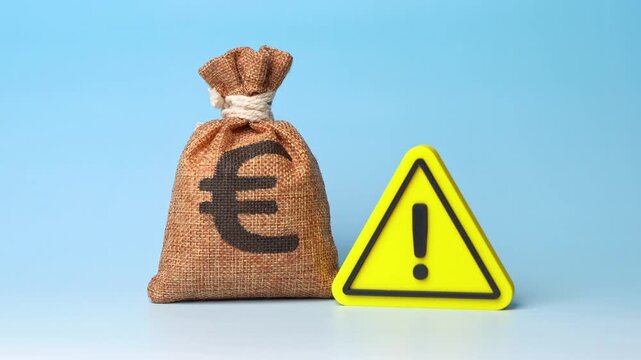 Euro money bag with a warning sign signal questionable funds origin. Compliance checks, regulation, financial control highlight risk. Accountability in banking. Asset freezes and suspended financing.