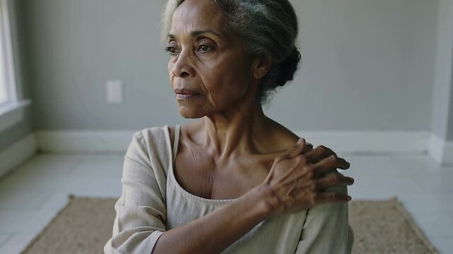 Massaging senior woman rubbing right shoulder after gazing at window, with linen top and woven rug