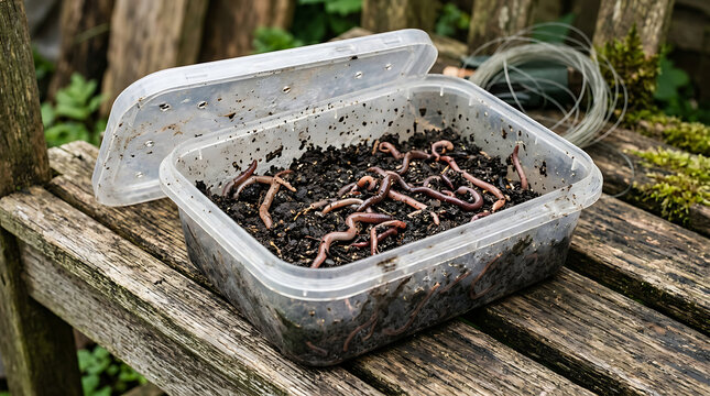 Clear plastic container filled with live fishing earthworms in potting soil resting on a weathered wooden bench