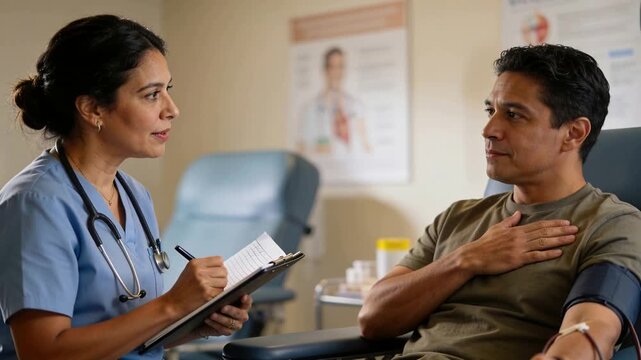 Starting questions, nurse in scrubs noting patient in clinic wearing olive shirt, chart, IV cuff