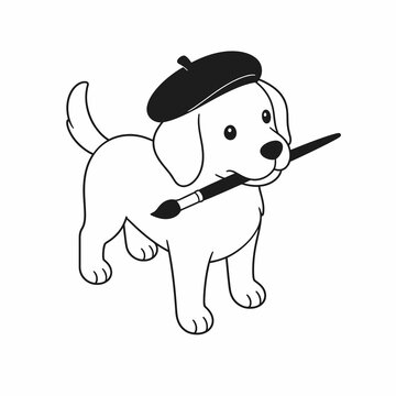 Cute puppy wearing beret and holding paintbrush illustration