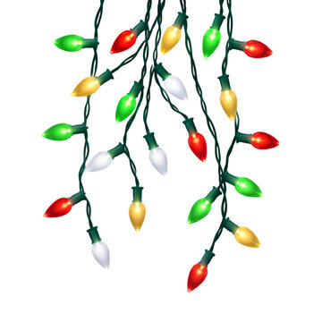 Christmas string lights in red green gold and white glowing bulbs h&hellip;