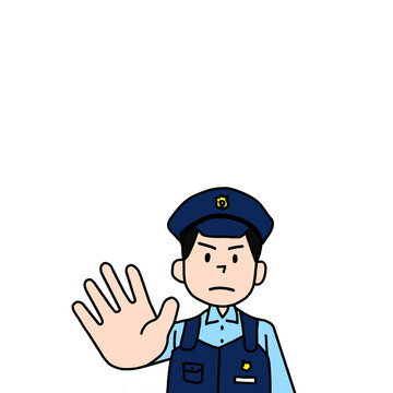 ストップのポーズで警告する男性警察官の上半身イラスト