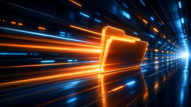 High speed digital file transfer concept with glowing orange folder moving through futuristic data tunnel
