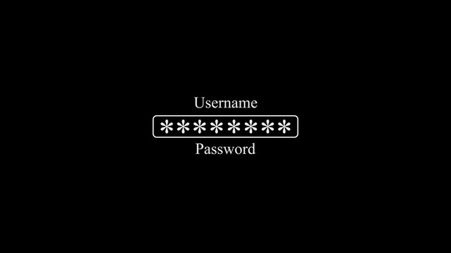 Login screen interface with username and password input field containing asterisk characters, displaying account access on black background..