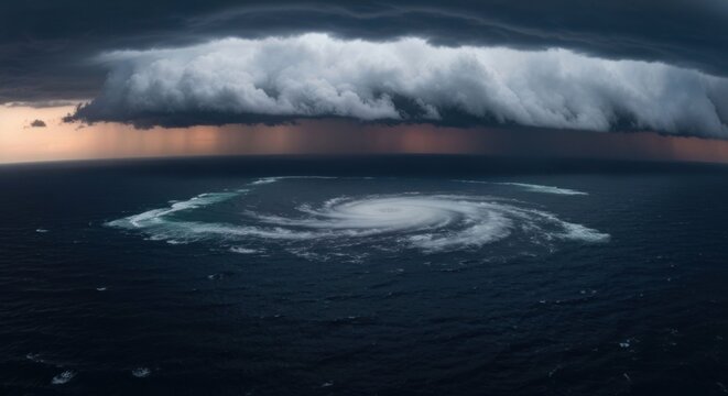 Ominous storm clouds overhang a swirling ocean vortex at sunset