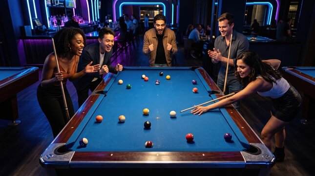 Woman shooting pool as friends cheer around table
