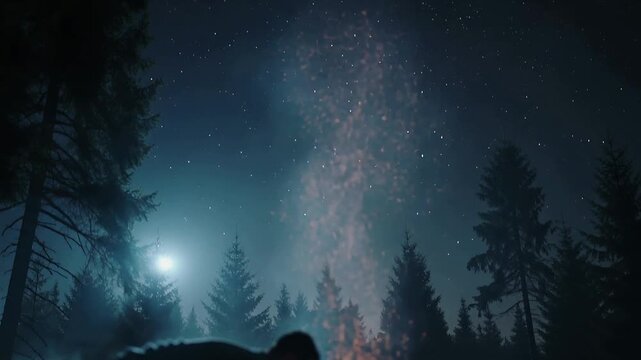 Stoking man crouching in jacket pushing logs with stick at moonlit forest clearing, feeding fire
