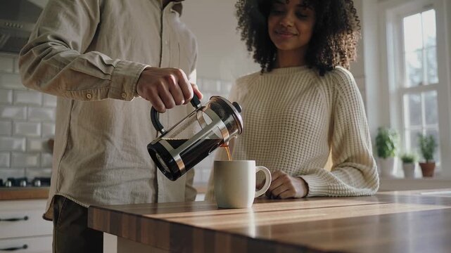 Tilting press, man pouring coffee into mug in kitchen, preparing coffee for woman in cream sweater