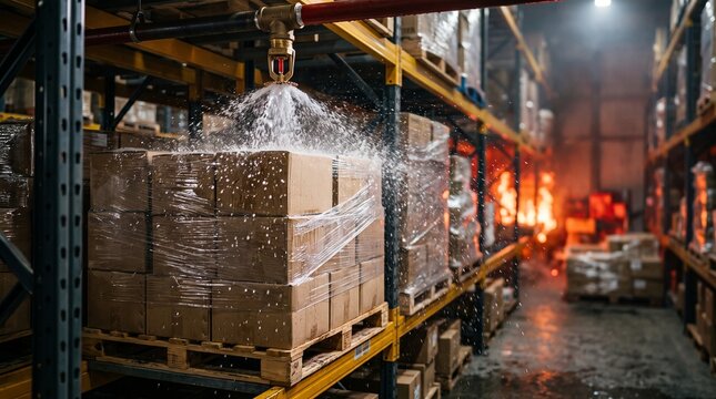 Industrial fire sprinkler activating over stacked cardboard boxes in warehouse with copy space