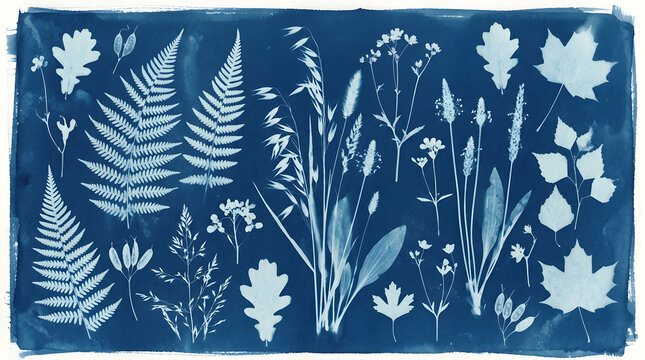 Botanical cyanotype print featuring various pressed leaves and wild grasses