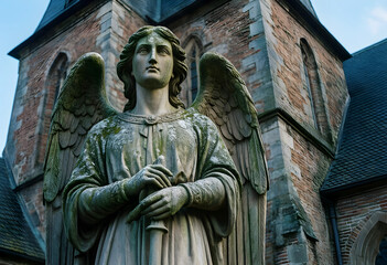 Fototapeta premium Grief and mourning concept, stone angel statue with sword standing in front of an old brick church for funeral services and memorial remembrance