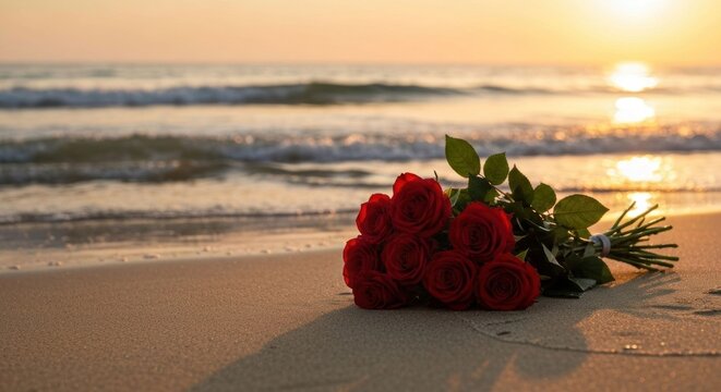 Romantic red rose bouquet rests on a sandy beach at sunset, ocean waves gently lapping the shore