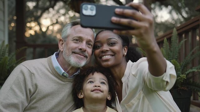 Raising woman in blouse holding smartphone, family leaning and smiling on porch capturing selfie