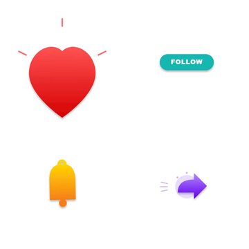Dynamic animated social media interface buttons featuring follow like subscribe and share icons on white