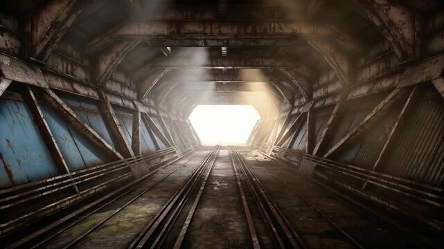 Train Tracks Moving Forward Through Rusty Industrial Tunnel Toward Bright Light at End