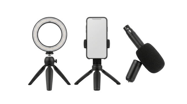 Professional vlogging equipment set, smartphone tripod with LED ring light, digital content creation tools, video production equipment isolated PNG with Transparent Background