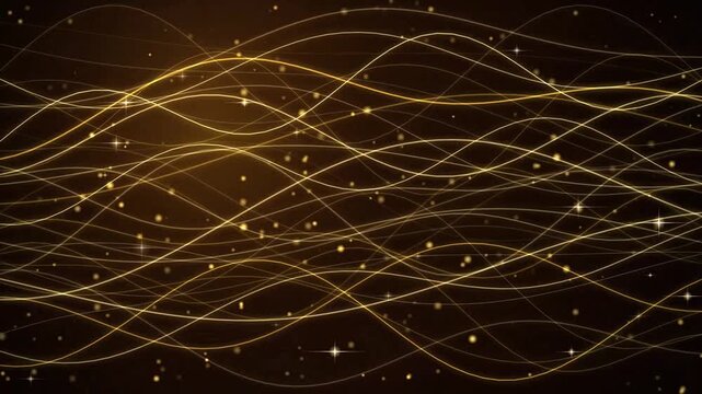 Golden Glowing Wave Lines with Glittering Particle Dust Overlay on Dark Luxury Background Video Loop