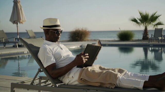 Opening spiral notebook, senior man wearing straw hat, shades reading on pool deck lounger