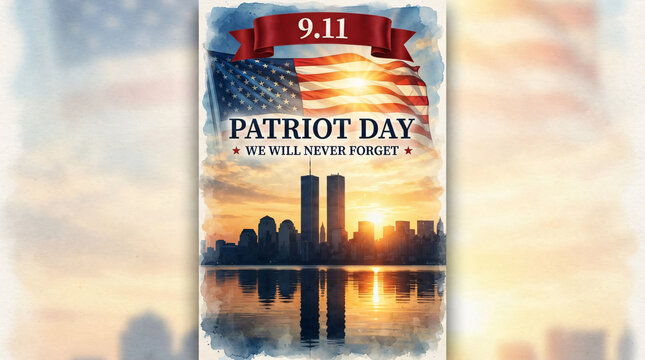 A commemorative memorial poster featuring the Twin Towers silhouette, an American flag, and the words Patriot Day We Will Never Forget Isolated on transparent background