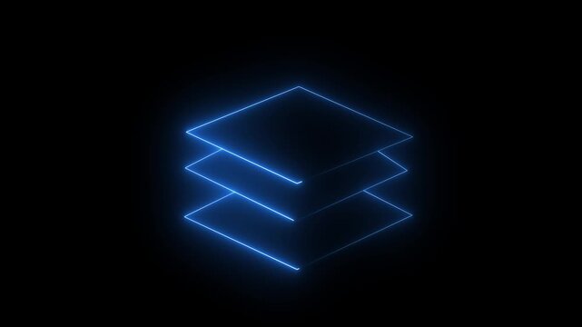 blue neon stacked layers icon on black background,