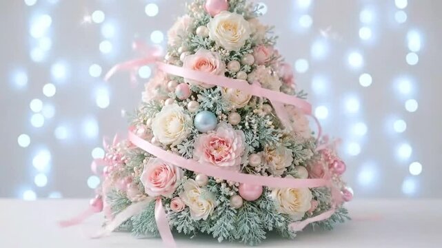Pastel floral christmas tree arrangement with rose and ornament decoration. Elegant alternative holiday decor and festive centerpiece concept for winter celebration