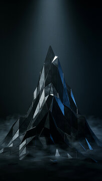 Abstract geometric crystal spire illuminated by a top spotlight with geometric abstract structure spotlight monolith triangle architecture sculpture lighting minimalist industrial metallic