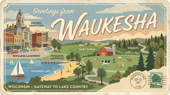 Vintage Waukesha, Wisconsin Postcard: Historic Downtown, Pewaukee Lake, Dairy Farms & Forests - Retro Travel Illustration