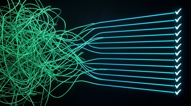 Tangled messy wires transforming into straight organized glowing lines with checkmarks representing problem solving and process simplification