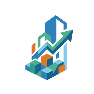 Abstract 3D isometric financial data visualization with rising arrow and skyscraper elements for success and growth