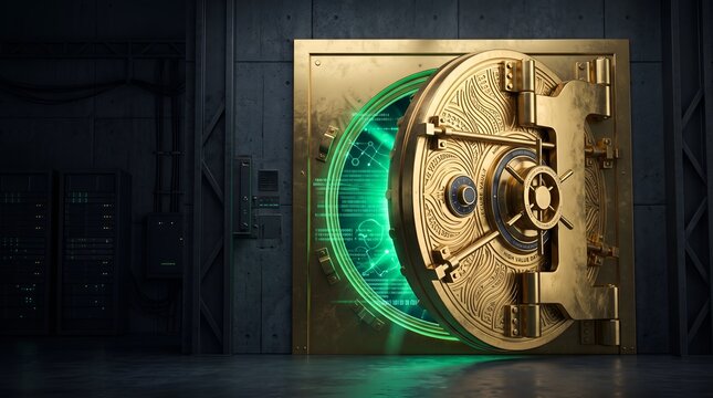 Heavy gold bank vault door opening to reveal glowing green digital data streams in a dark concrete server room illustrating cybersecurity