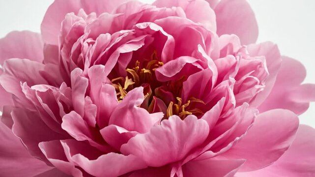 A bright pink peony flower shows its intricate petals and texture in