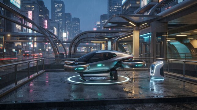 Compact electric eVTOL taxi charging at an autonomous mobility station, visualizing sustainable aviation, wireless power, smart transportation and future urban travel.