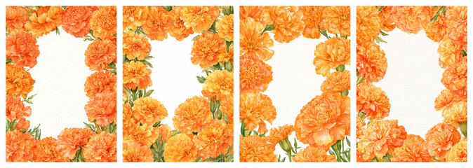Fototapeta premium Set of four watercolor decorative frame borders of dense ruffled orange cempasuchil marigold blooms, Dia De Los Muertos theme, large empty white copy space in center