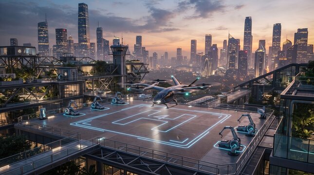 Futuristic eVTOL taxi arriving at a rooftop vertiport with autonomous charging infrastructure, representing urban air mobility and sustainable transportation.