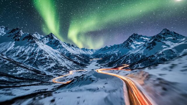 Bright green auroras fill the night sky above a winding road in a