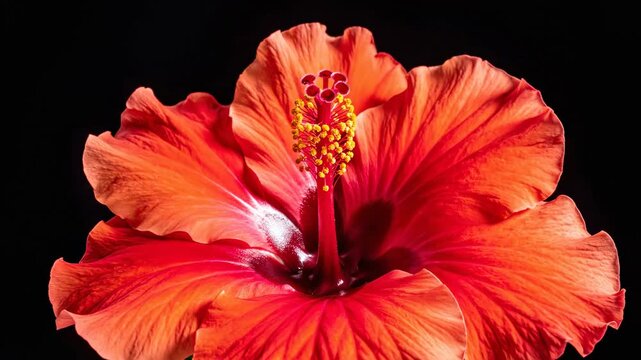 A hibiscus flower is shown in close-up on a black background. The