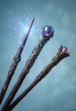 Fantasy magic wands with glowing crystals, mystical wizard accessories and witchcraft tools for roleplay games or creative storytelling and imagination