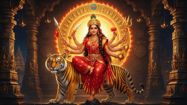 Hindu goddess Durga riding tiger with weapons inside traditional temple pavilion
