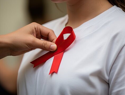 Red ribbon placed on white shirt represents awareness and support for important causes. Soft natural light highlights gentle gesture and vibrant colors in uplifting scene