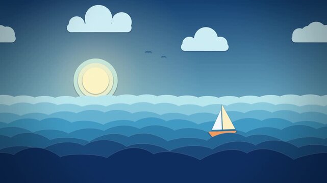 Blue paper cut ocean waves with sailboat parallax seamless loop
