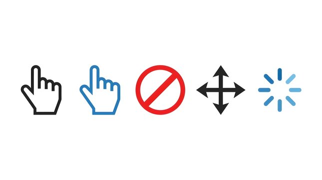Mouse Cursor Icons Set with Pointing Hand, Not Allowed Sign, Move Arrows and Loading Spinner in Black and Blue