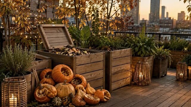 Carved pumpkins and squash beside an open compost bin in an urban rooftop garden. Halloween cleanup and autumn composting. Seasonal gardening. Sustainable holiday decor.