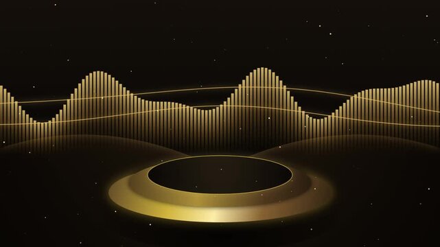 Luxury Gold Product Display Stage with Glowing Audio Waveform and Floating Particles in Dark Backgrou