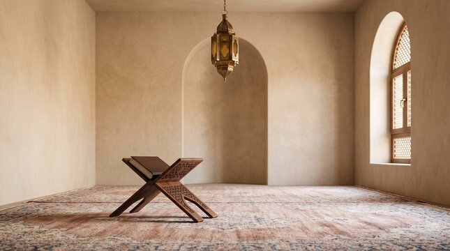 Empty prayer room features a wooden stand and ornate lantern