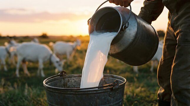 Farmer pouring fresh white milk from a metal churn container into a bucket on a rural farm at sunset