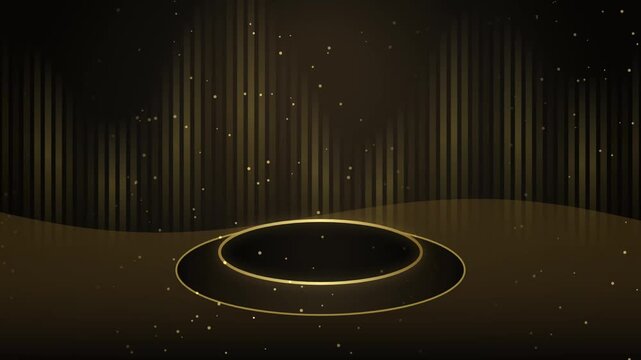 Luxury Golden Pedestal Background with Shimmering Light Particles and Glowing Vertical Gold Lines