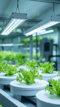 Modern indoor vertical farm with rows of hydroponic green lettuce illuminated by bright overhead led lights