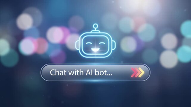 Ai chatbot concept with glowing robot icon and chat with ai bot search bar on bokeh technology background