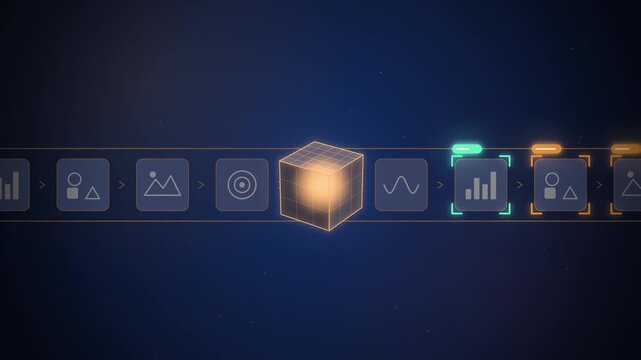 Image dataset tiles flowing through orange model cube seamless loop